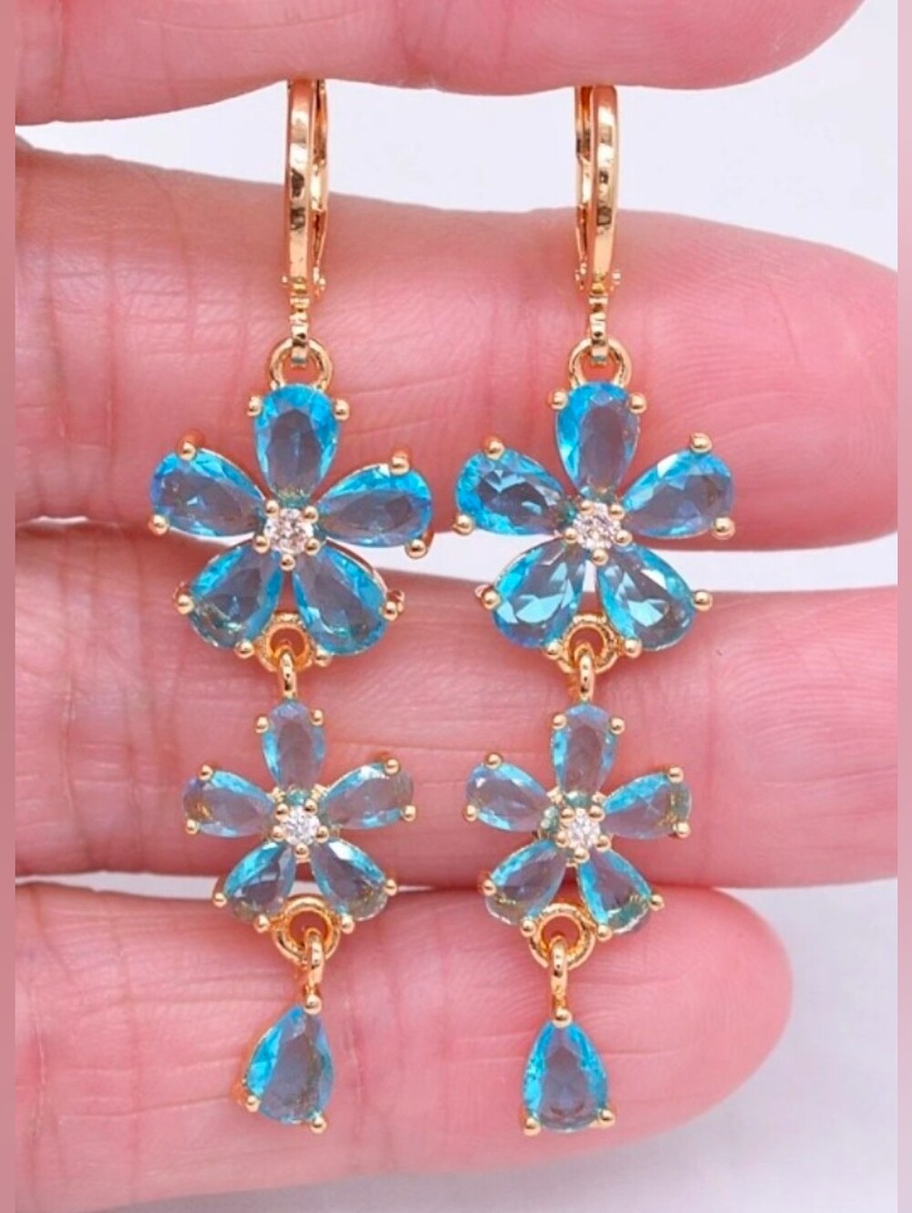 $8 Each Or Bundle 5/$20 Gold-Plated Blue Crystal Flower Drop Earrings